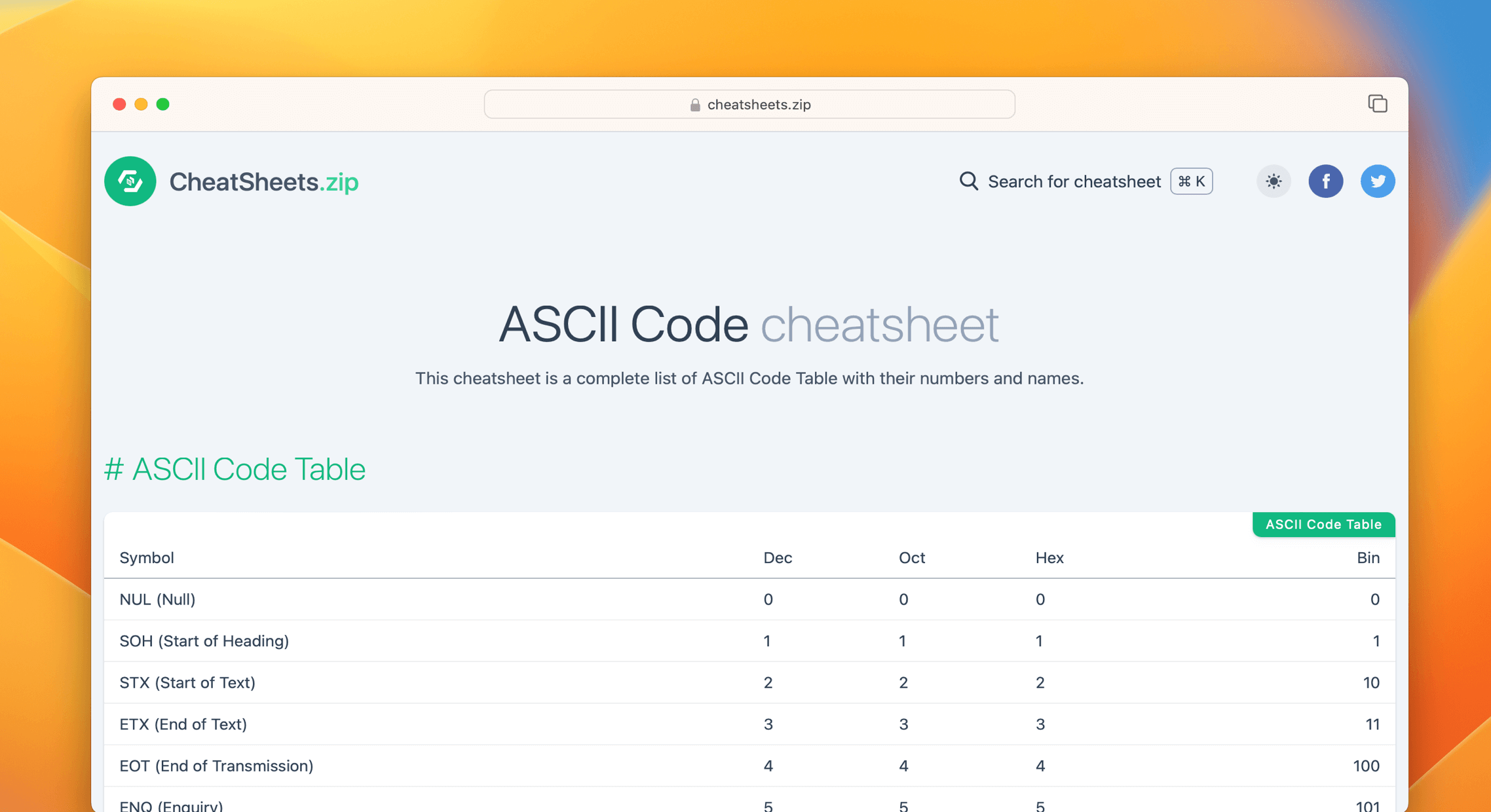 ASCII Code Cheat Sheet & Quick Reference