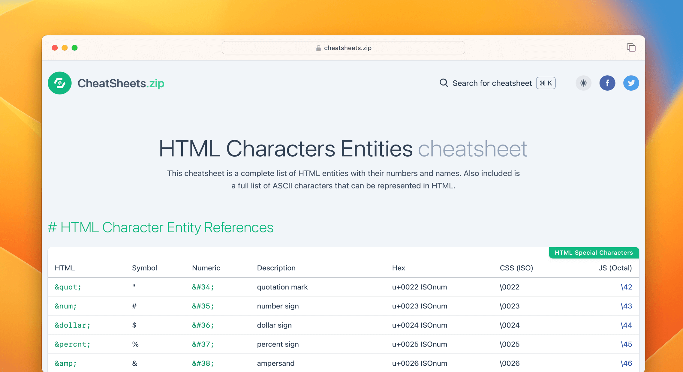 HTML Characters Entities Cheat Sheet & Quick Reference